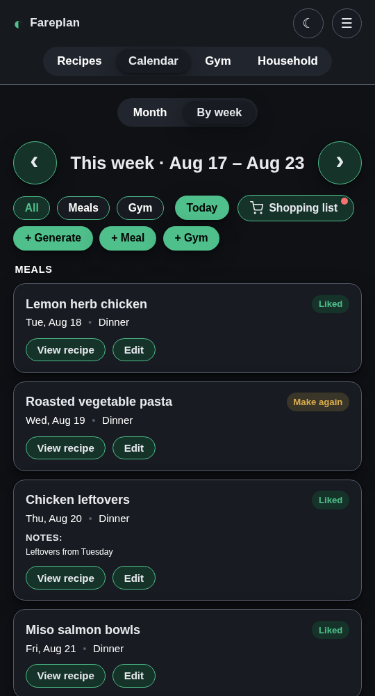 Fareplan weekly meal calendar on mobile