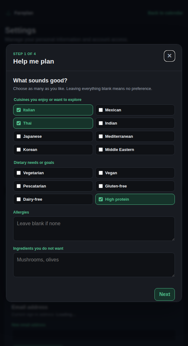 Fareplan Help me plan survey selecting cuisines and dietary goals