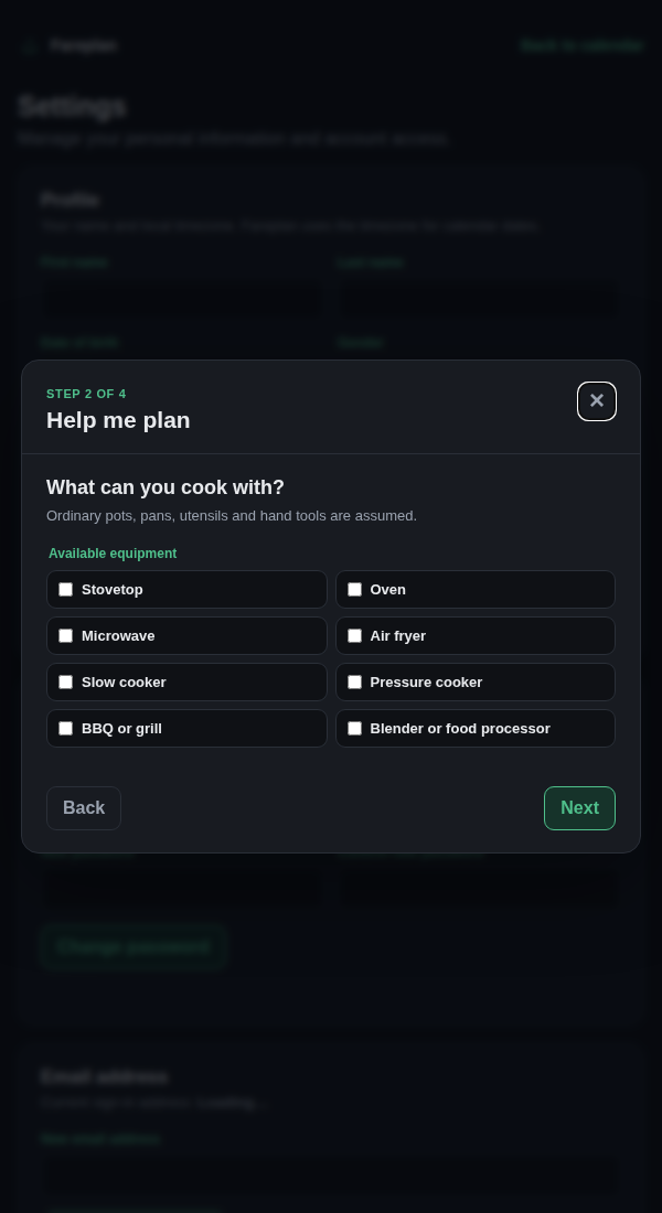 Fareplan Help me plan survey choosing available kitchen equipment