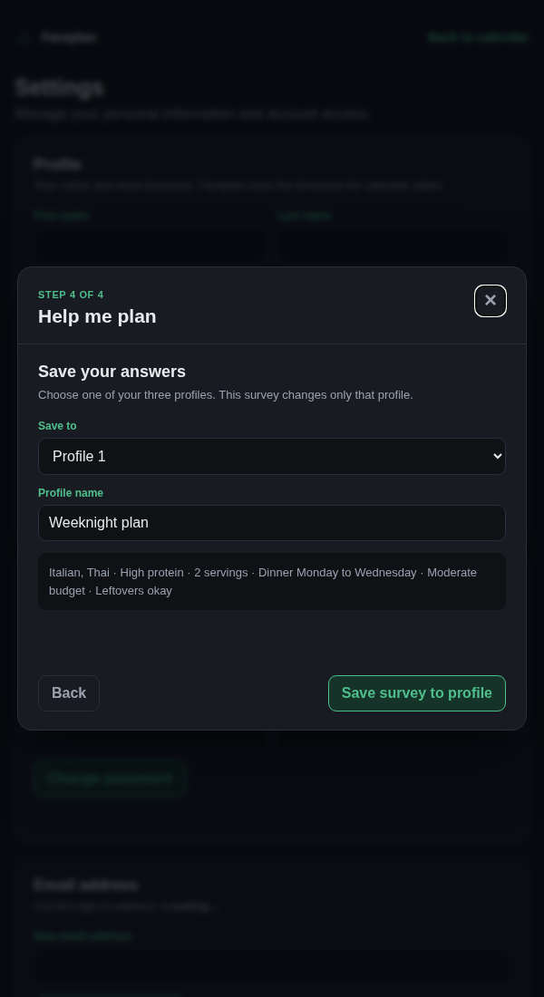 Fareplan Help me plan survey saving the answers as a reusable planning profile