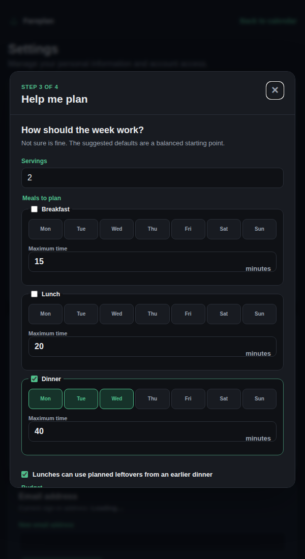 Fareplan Help me plan survey configuring servings, meal days, time, and leftovers