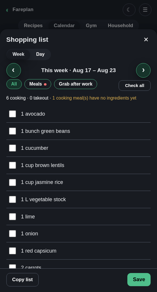 Fareplan grocery list on mobile